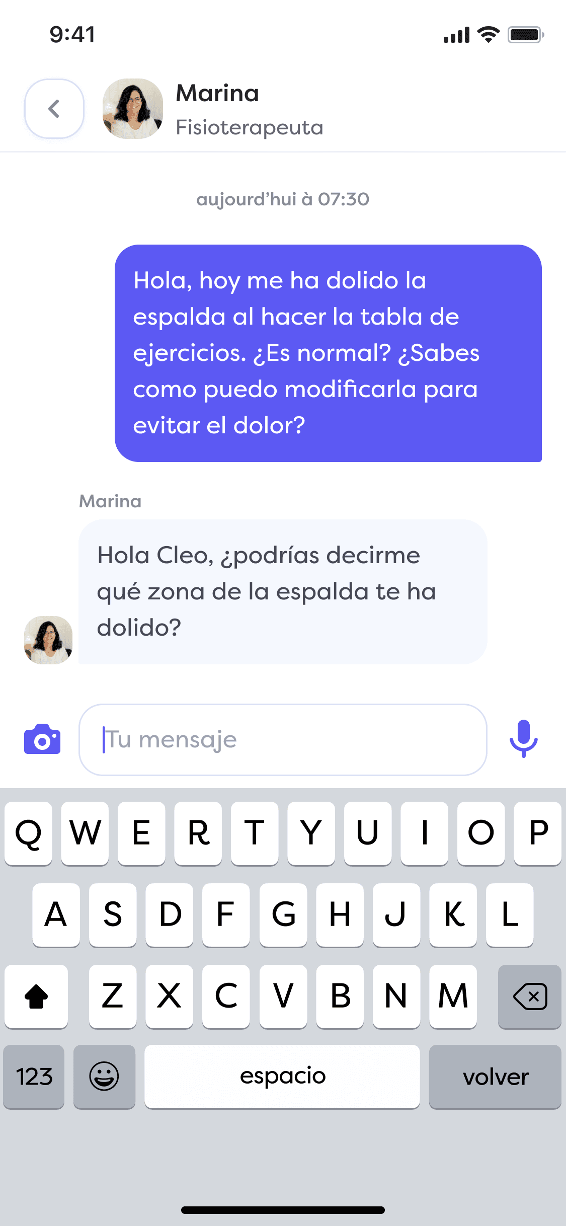 Chatee con fisioterapeutas en la aplicación Alan